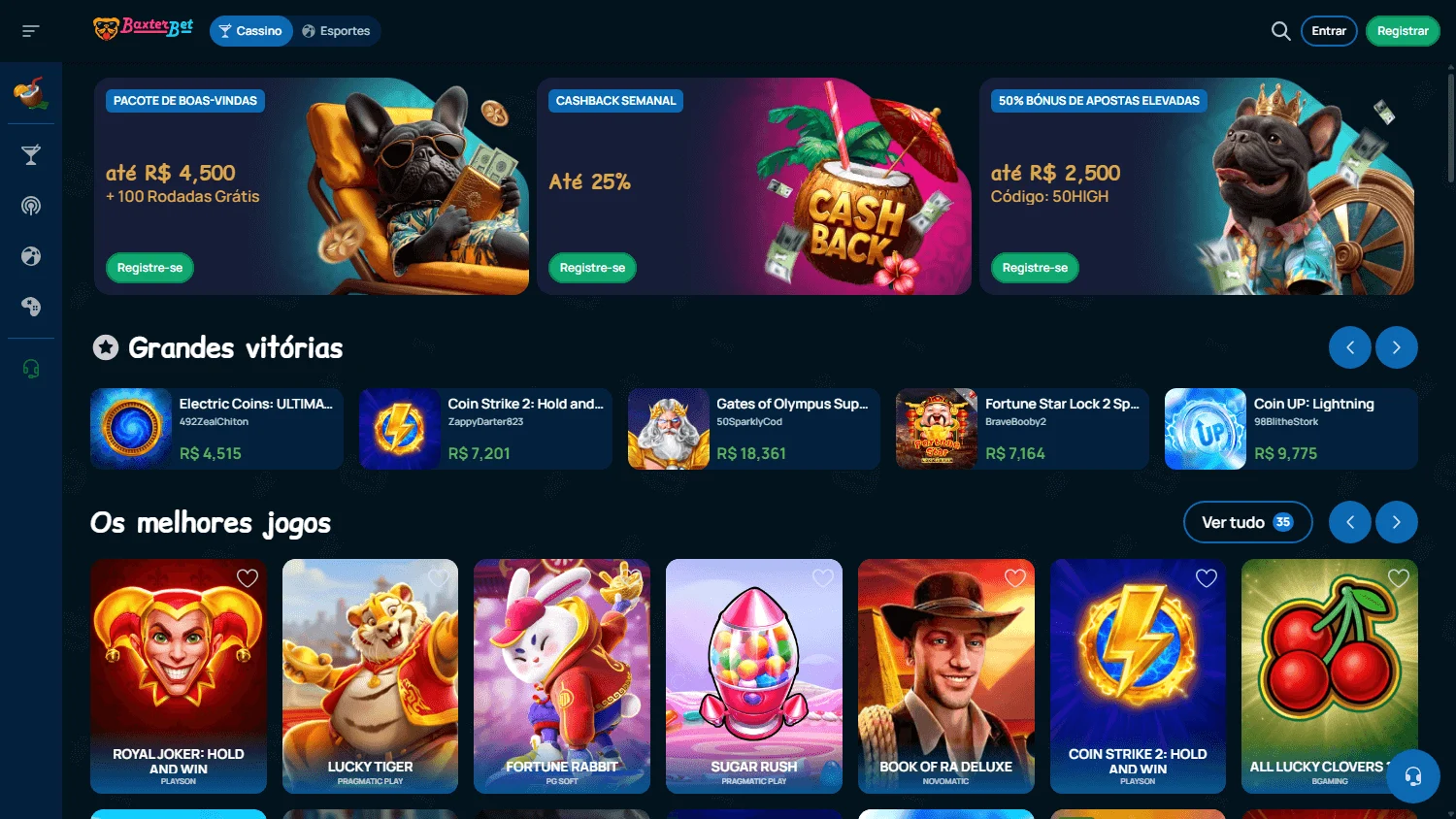 Baxterbet Casino desktop games area with casino titles and live dealer options