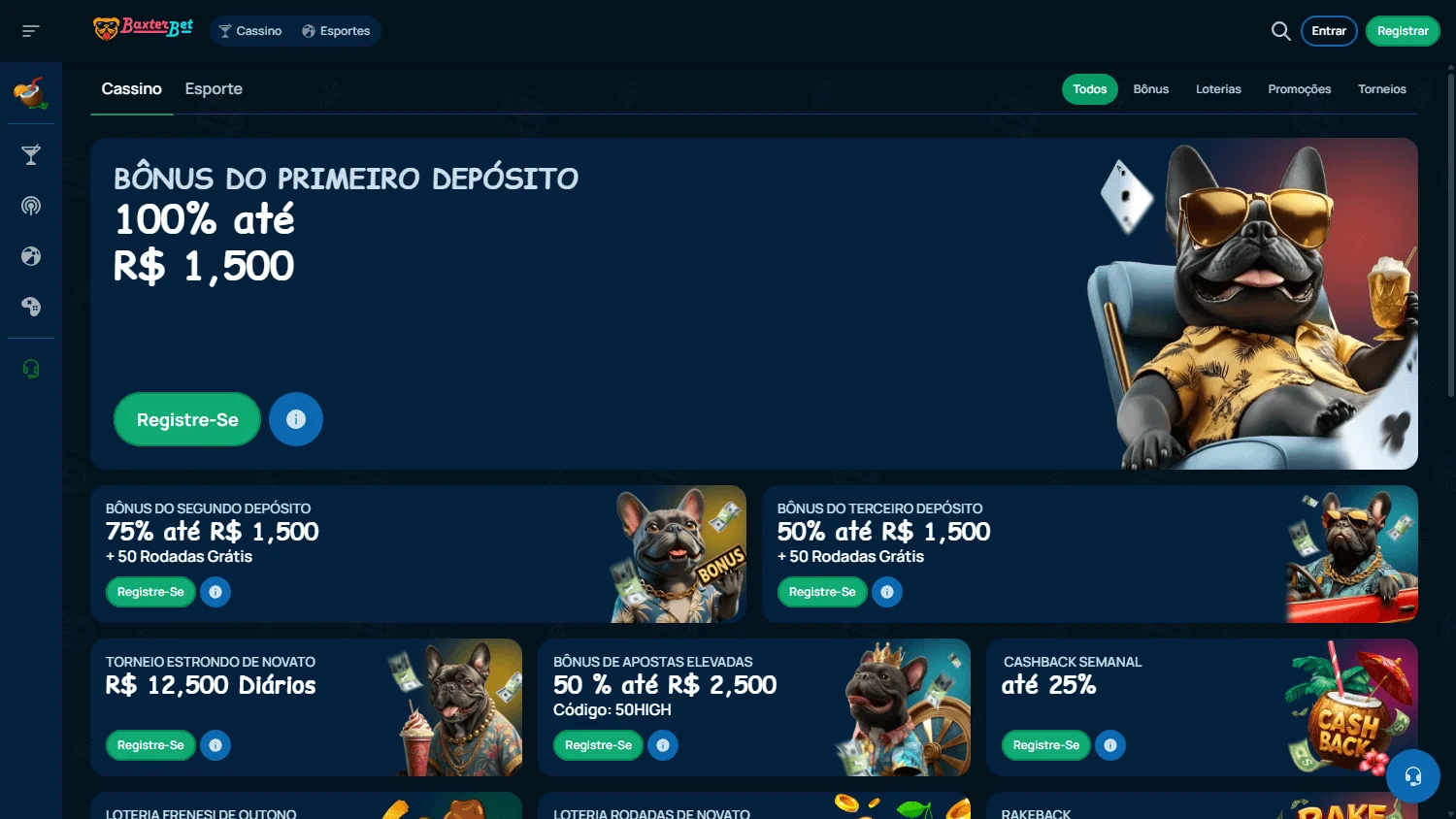 Baxterbet Casino desktop promotions area with deposit offers and free spins